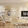 Elegant Modern Dining Living Room Interior With Chandeliers Dining Table TV Area Rug And Plants