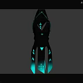 Sleek Black Hooded Outfit Featuring Green Glowing Accents And Reflective Details