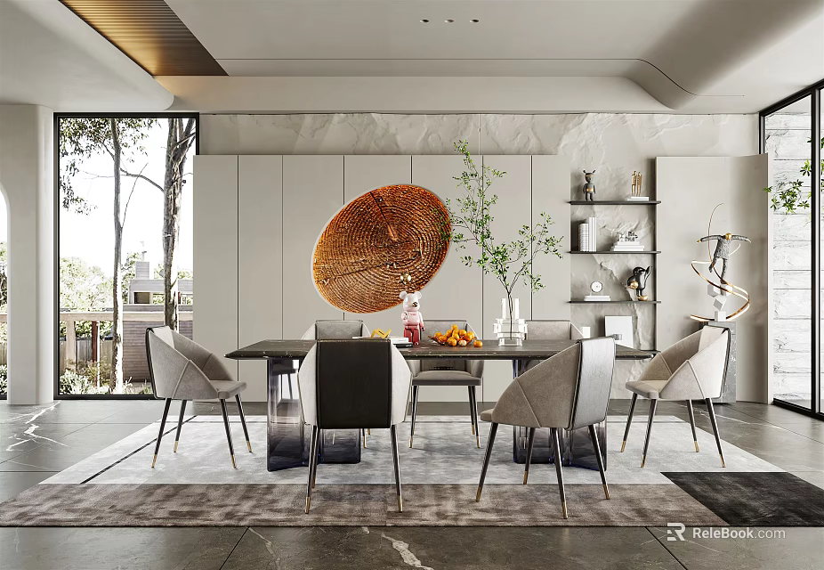 Modern Restaurant Interior Featuring Marble Round Decor Dining Table Chairs Floor To Ceiling Windows 3d model