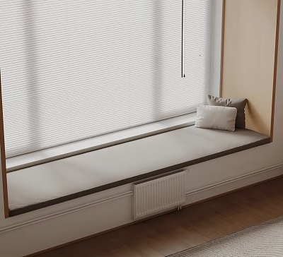 Cozy Bay Window Seat With Cushioned Surface White Blinds And Decorative Pillows 3d model