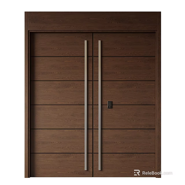 Dark Brown Wooden Double Door With Metal Handles And Lock For Home Interior 3d model 