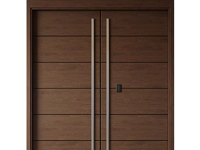 Dark Brown Wooden Double Door With Metal Handles And Lock For Home Interior 3d model