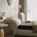 Modern Bedroom Interior With White Headboard Brown Cushions Lamp Side Table And Curtains