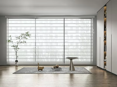 Window Blinds In Modern Interior With Wooden Floor And Potted Plant 3d model