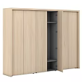 Modern Wooden Wardrobe With Sliding Doors And Open Internal Shelves Design