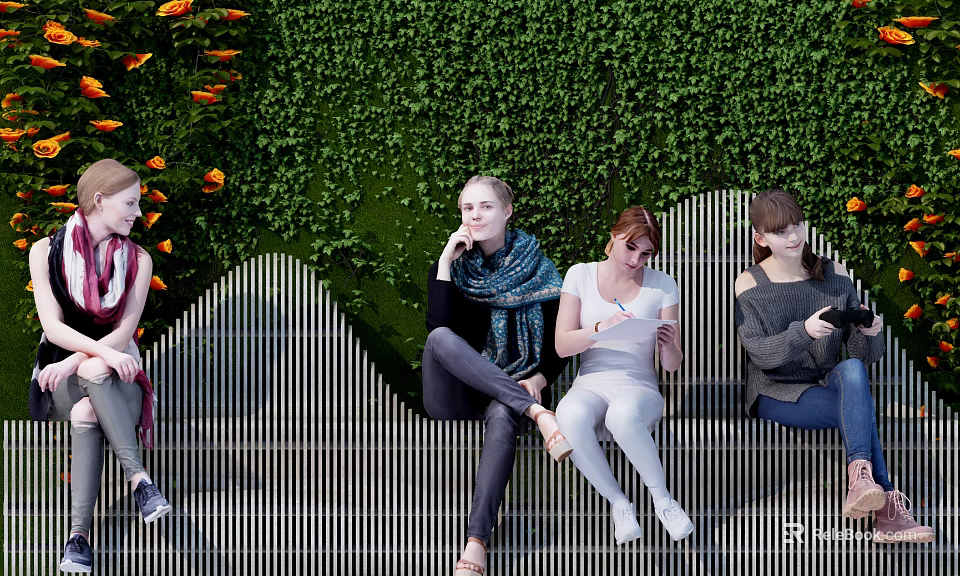 Group of People Sitting On Striped Bench With Green Plant Wall Background 3d model 