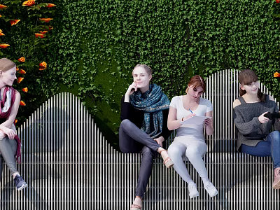 Group of People Sitting On Striped Bench With Green Plant Wall Background 3d model