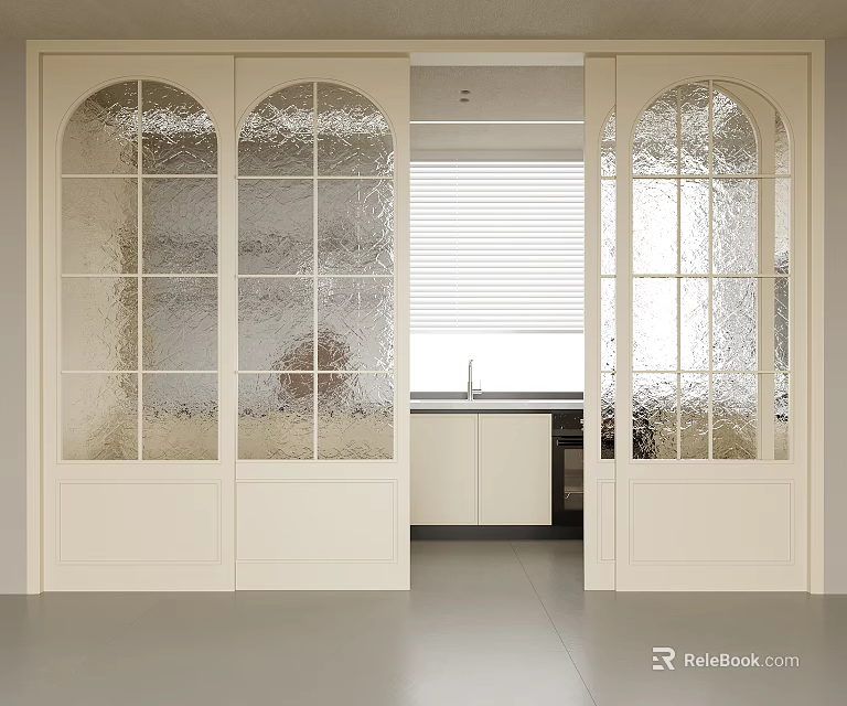 Modern White Frame Sliding Doors With Arched Glass Panels For Kitchen Interior 3d model 