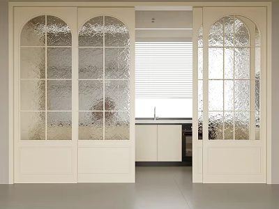 Modern White Frame Sliding Doors With Arched Glass Panels For Kitchen Interior 3d model