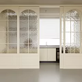 Modern White Frame Sliding Doors With Arched Glass Panels For Kitchen Interior