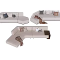 Modern Irregular Sectional Sofa With Light Upholstery Decorative Pillows And Blanket 3d model
