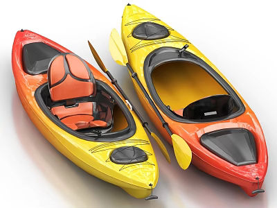 Two Colorful Kayaks Red And Yellow With Paddles On White Background 3d model