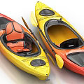 Two Colorful Kayaks Red And Yellow With Paddles On White Background