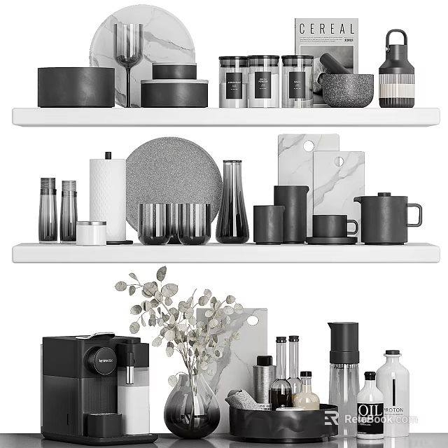 Modern Minimalist Kitchenware Display On Shelves With Mugs Jars Bottles Dishes And Coffee Maker 3d model 