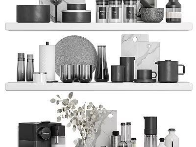 Modern Minimalist Kitchenware Display On Shelves With Mugs Jars Bottles Dishes And Coffee Maker 3d model
