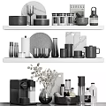 Modern Minimalist Kitchenware Display On Shelves With Mugs Jars Bottles Dishes And Coffee Maker