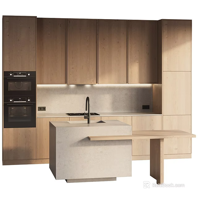 Modern Kitchen With Light Wood Cabinets Concrete Island Built In Oven And Under Cabinet Lighting 3d model 