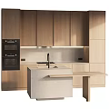 Modern Kitchen With Light Wood Cabinets Concrete Island Built In Oven And Under Cabinet Lighting