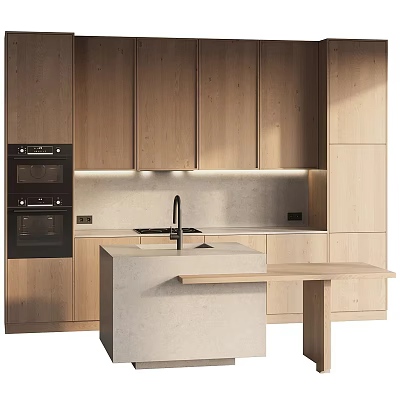 Modern Kitchen With Light Wood Cabinets Concrete Island Built In Oven And Under Cabinet Lighting 3d model