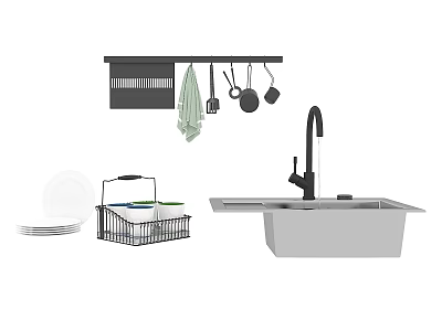 Kitchen Sink Setup With Faucet Hanging Utensils Dish Rack And Plates 3d model