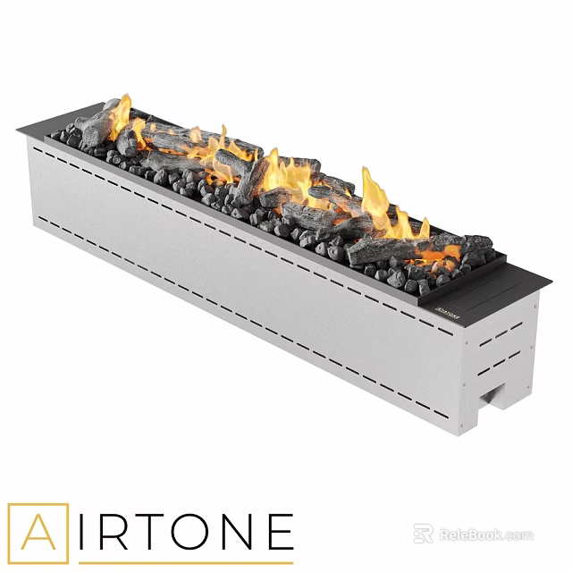 Modern White Linear Fireplace With Realistic Flames And Black Stones 3d model 