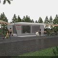 Modern Rest Station With Outdoor Seating Umbrellas Green Trees And People Activities