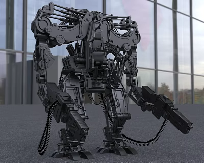 Car Manufacturing Industrial Robot With Black Metal Arm In Glass Factory Background 3d model