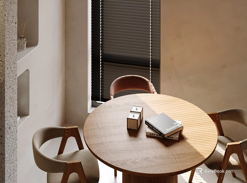 Minimalist Modern Round Dining Table Set With Chairs Books And Window Blinds 3d model