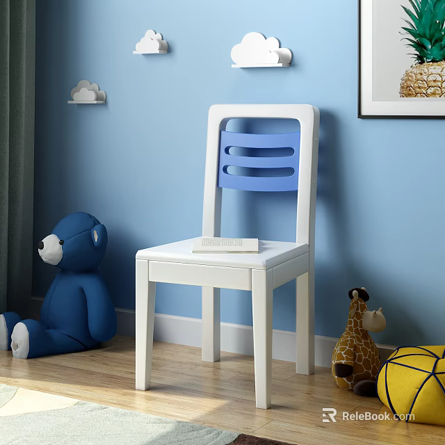White Children's Chair With Blue Backrest Teddy Bear Giraffe Toy Yellow Cushion On Wooden Floor 3d model 