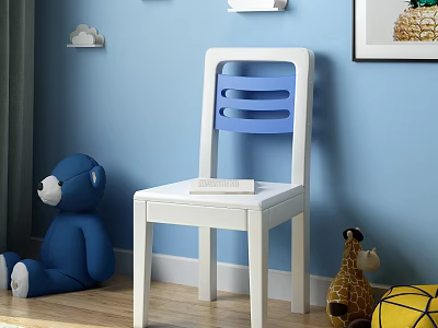 White Children's Chair With Blue Backrest Teddy Bear Giraffe Toy Yellow Cushion On Wooden Floor 3d model