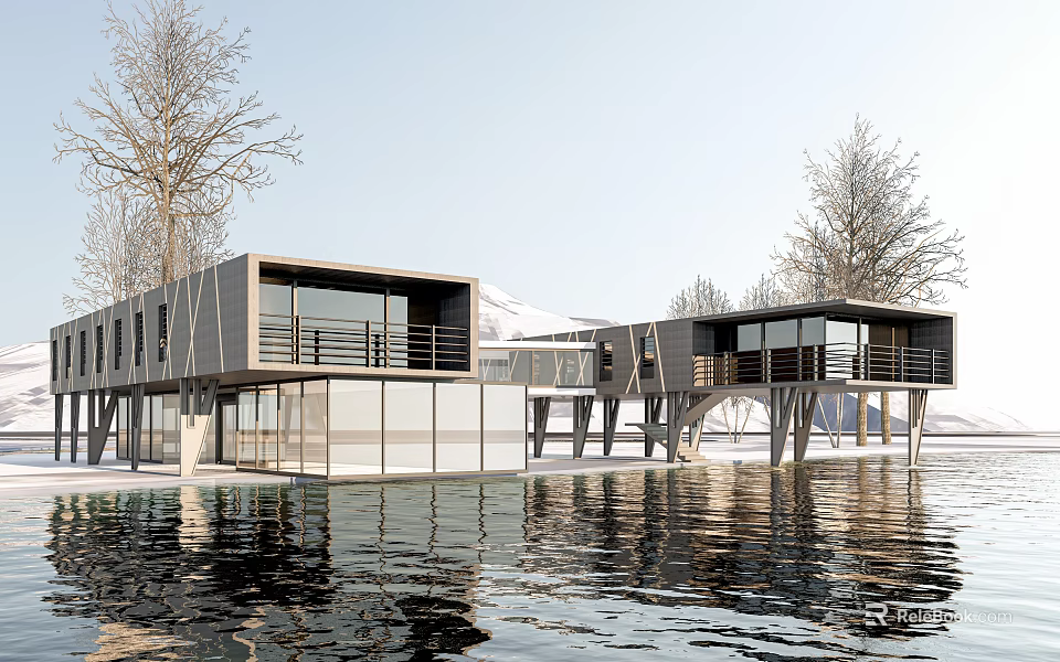 Modern Waterfront Building With Glass Facade Over Water Surrounded By Trees And Reflections 3d model 