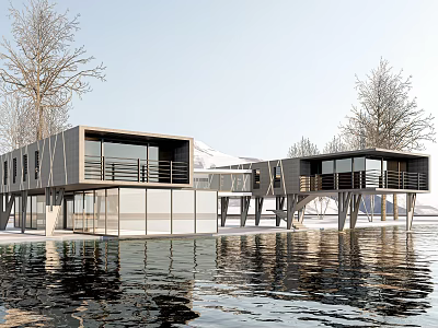 Modern Waterfront Building With Glass Facade Over Water Surrounded By Trees And Reflections 3d model