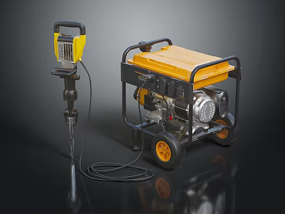 Yellow And Black Portable Power Tools With Jackhammer And Wheeled Generator 3d model