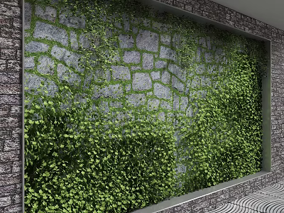 Natural Stone Background Wall Covered With Lush Green Plants And Decorative Ivy 3d model