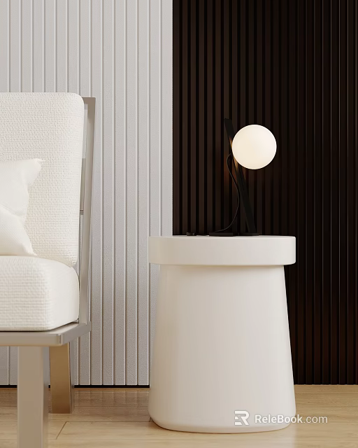 Modern Minimalist Table Lamp With White Spherical Shade On White Round Table And Striped Walls 3d model 