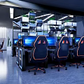 Gaming Cybercafe Interior With Glass Partition Ergonomic Gaming Chairs Computers Green Plants And Modern Lighting