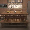 Cozy Wooden Dining Table Set With Four Chairs Fruit Bowl Candle Holders And Vase