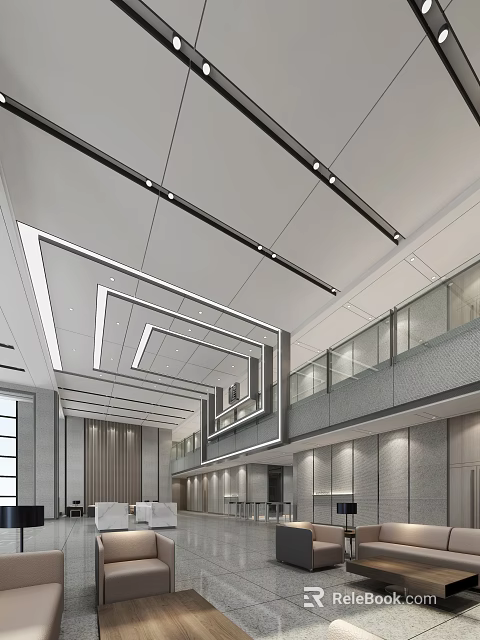 Modern Reception Desk Interior Design With Geometric Ceiling Lighting And Glass Railing 3d model