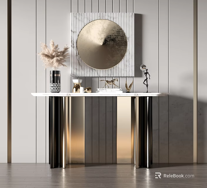 Elegant Modern Entryway Console Table With Round Mirror Vase And Decorative Figures 3d model 