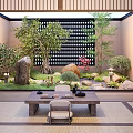 Japanese Style Indoor Landscape With Large Window Courtyard View Tatami Low Table Stones And Plants