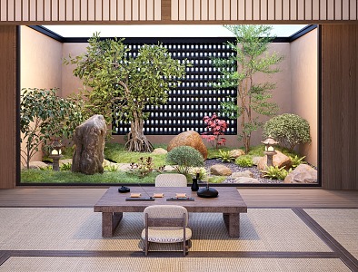 Japanese-style indoor landscape Zen courtyard landscape sketch stone tea set indoor landscape 3d model