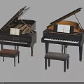 Stylish Two Black Grand Pianos With Wooden Stools And Sheet Music On Top