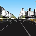 Urban Road Infrastructure with Wide Paved Surface Zebra Crossings Street Lights Trees and Guardrails
