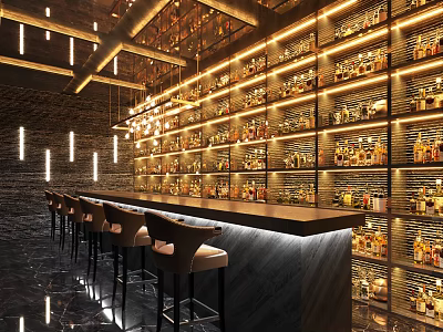 Elegant Modern Bar Interior With Illuminated Shelves Leather Stools And Whiskey Bottles 3d model