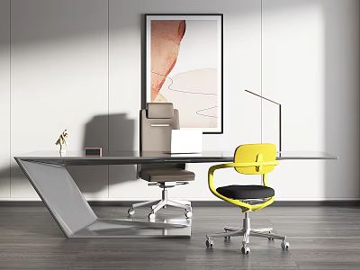 Modern Office Desk Setup With Yellow Chair Gray Chair Wall Artwork And Natural Light 3d model