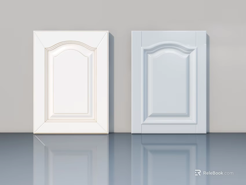 White Hinged Cabinet Doors Featuring Decorative Arch Design For Interior 3d model
