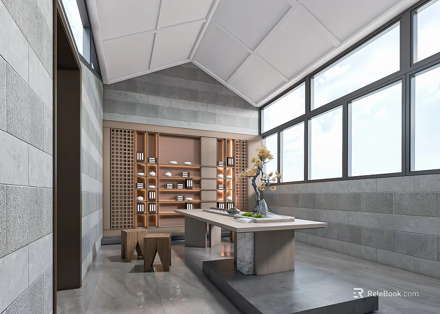 Serene Tea Room Interior Design With Wooden Bookshelves Long Table And Natural Light 3d model 