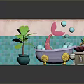 Bathroom Interior With Blue Tiles Pink Walls Bathtub Toilet Sink Mirror Plant And Pink Rug