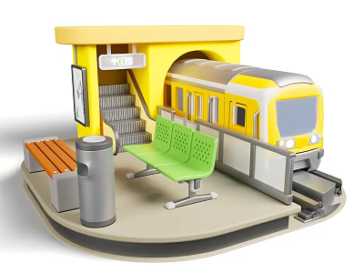 Subway Station With Yellow Train And Platform Facilities 3d model