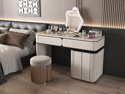 Elegant Modern Dressing Table With Round Mirror Cosmetics And Gold Leg Upholstered Stool In Bedroom 3d model
